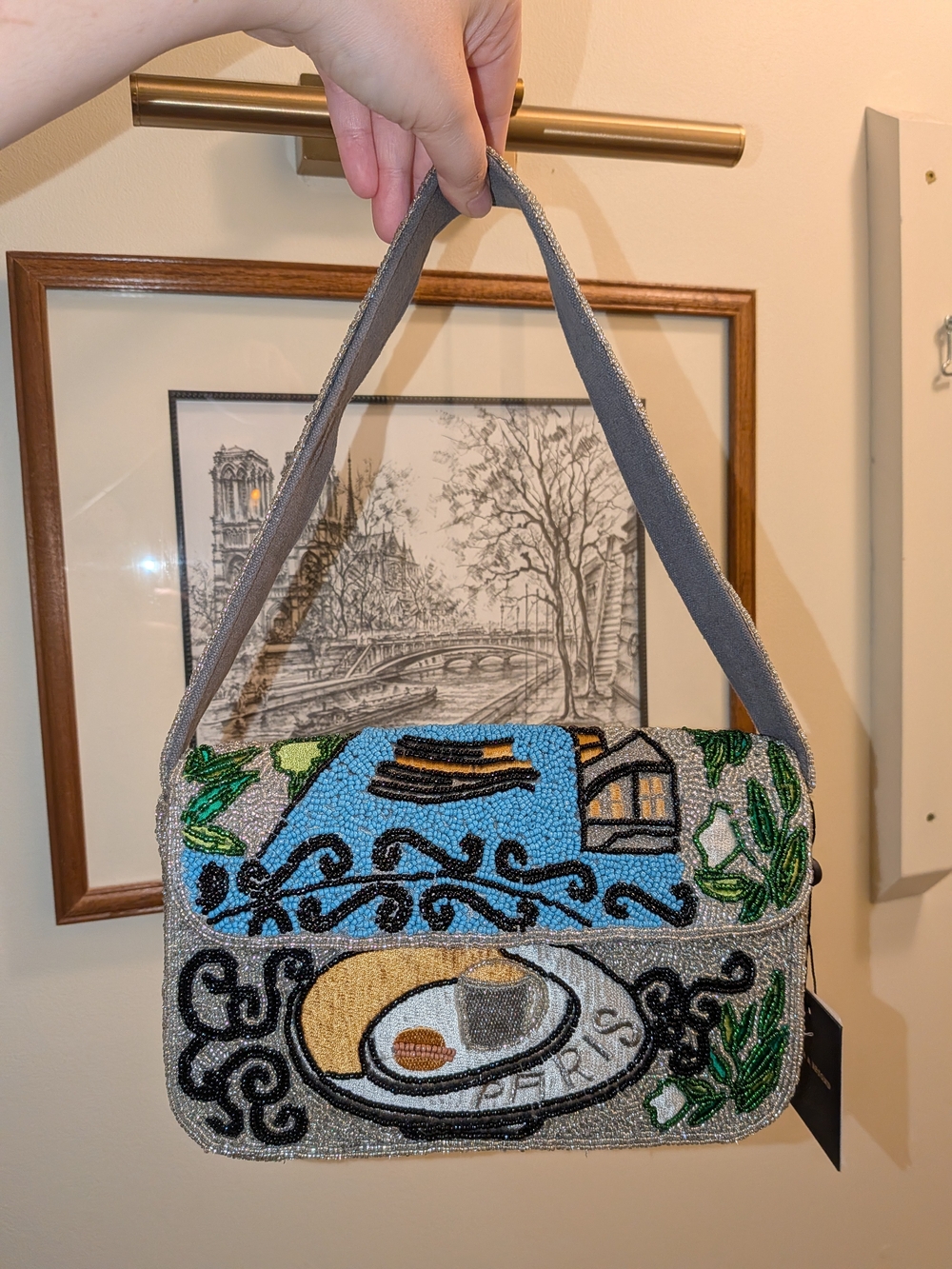 NWT America & Beyond Viral Sold Out Beaded Silver Paris Cafe Motif Shoulder Bag